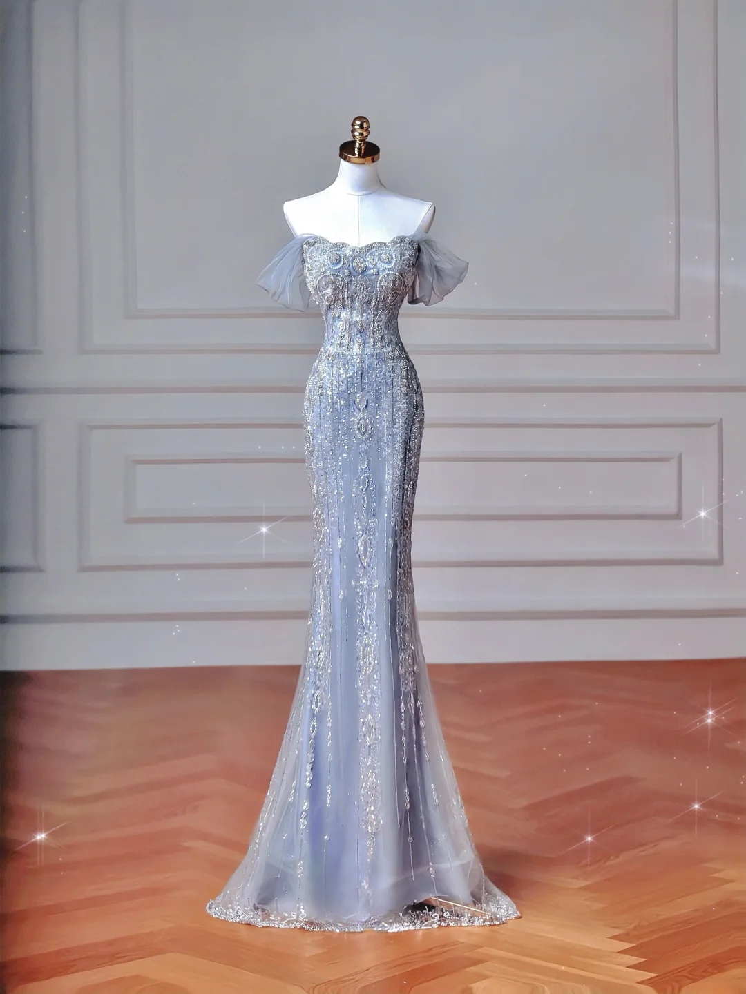 Sparkly Mermaid Strapless Light Blue Sequins With Sleeves Long Formal Fancy Prom Evening Dress Dinner Outfits Party Gowns AQ108