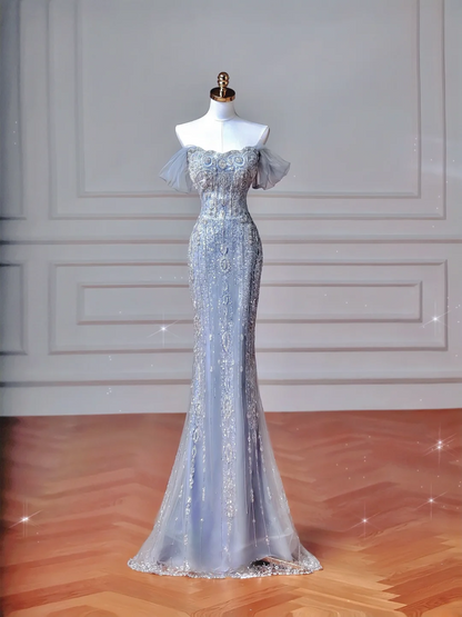 Sparkly Mermaid Strapless Light Blue Sequins With Sleeves Long Formal Fancy Prom Evening Dress Dinner Outfits Party Gowns AQ108
