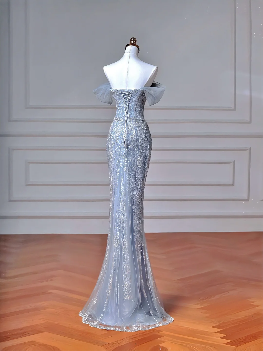 Sparkly Mermaid Strapless Light Blue Sequins With Sleeves Long Formal Fancy Prom Evening Dress Dinner Outfits Party Gowns AQ108