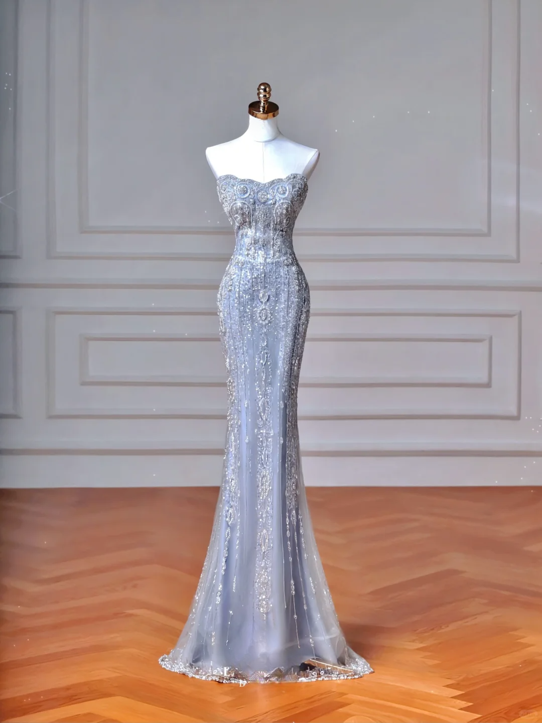 Sparkly Mermaid Strapless Light Blue Sequins With Sleeves Long Formal Fancy Prom Evening Dress Dinner Outfits Party Gowns AQ108