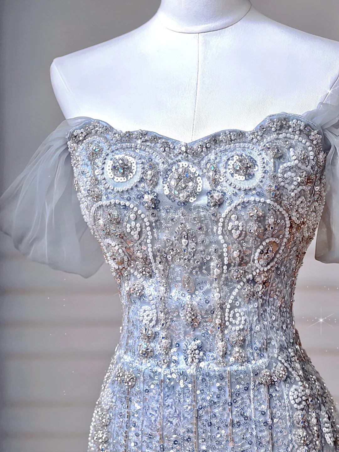 Sparkly Mermaid Strapless Light Blue Sequins With Sleeves Long Formal Fancy Prom Evening Dress Dinner Outfits Party Gowns AQ108