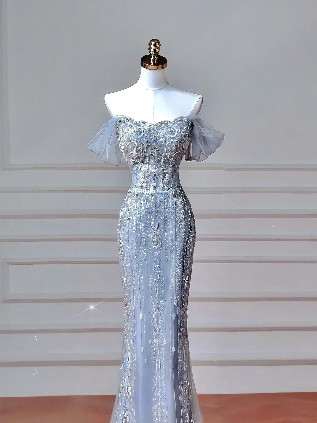 Sparkly Mermaid Strapless Light Blue Sequins With Sleeves Long Formal Fancy Prom Evening Dress Dinner Outfits Party Gowns AQ108