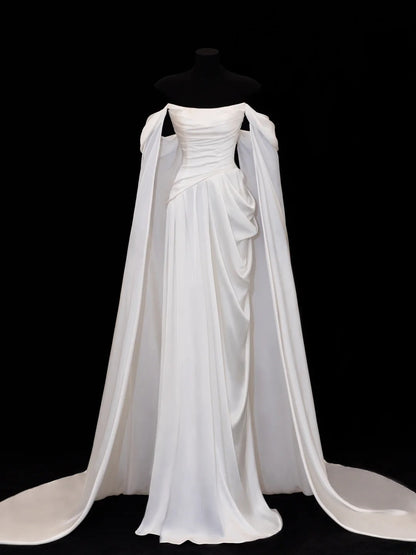 Modest Prom Dresses Aesthetic Sheath Off The Shoulder Ivory Satin Inspiration Style Impress With Sleeves Cape Long Party Formal Gown SA109