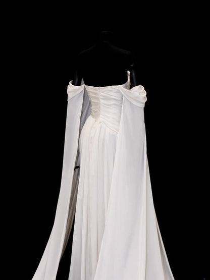 Modest Prom Dresses Aesthetic Sheath Off The Shoulder Ivory Satin Inspiration Style Impress With Sleeves Cape Long Party Formal Gown SA109