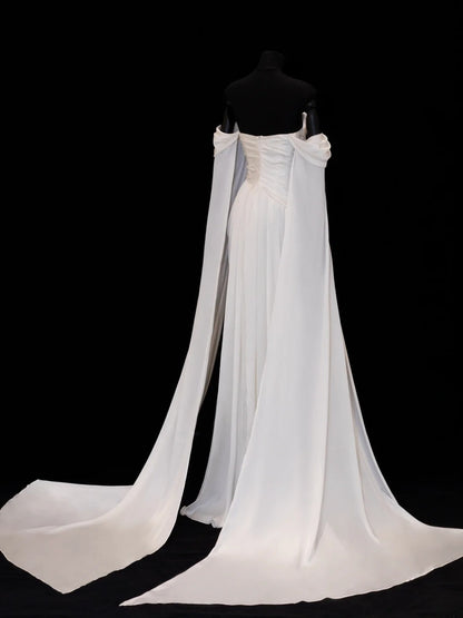 Modest Prom Dresses Aesthetic Sheath Off The Shoulder Ivory Satin Inspiration Style Impress With Sleeves Cape Long Party Formal Gown SA109