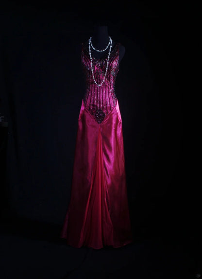 Retro Vintage 1960s Formal Mermaid V Neck Fashion Hot Pink Satin With Beads Sleeveless Long Prom Dresses Party Formal Gowns AS113