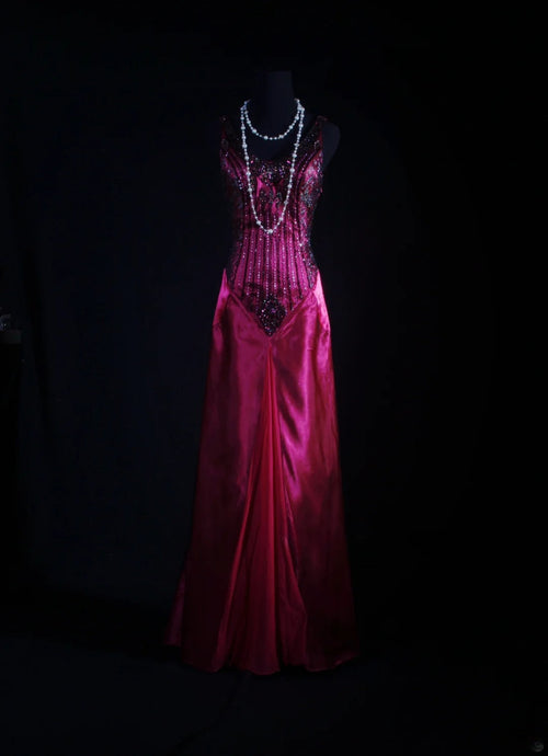 Retro Vintage 1960s Formal Mermaid V Neck Fashion Hot Pink Satin With Beads Sleeveless Long Prom Dresses Party Formal Gowns AS113