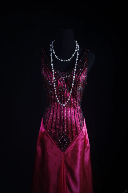 Retro Vintage 1960s Formal Mermaid V Neck Fashion Hot Pink Satin With Beads Sleeveless Long Prom Dresses Party Formal Gowns AS113
