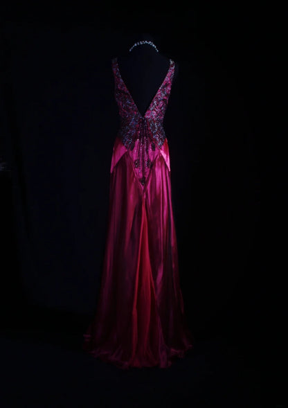 Retro Vintage 1960s Formal Mermaid V Neck Fashion Hot Pink Satin With Beads Sleeveless Long Prom Dresses Party Formal Gowns AS113