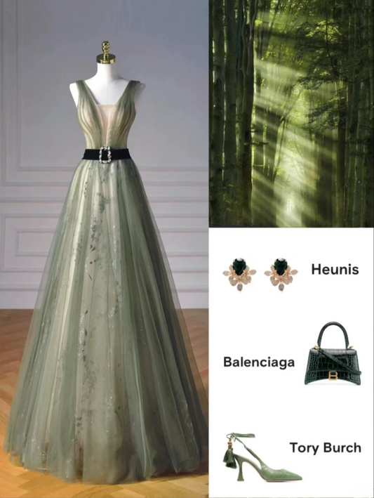 Elegant Ball Gown V Neck Green Tulle Long Formal Prom Evening Dresses Dinner Outfits Party Gowns AQ116