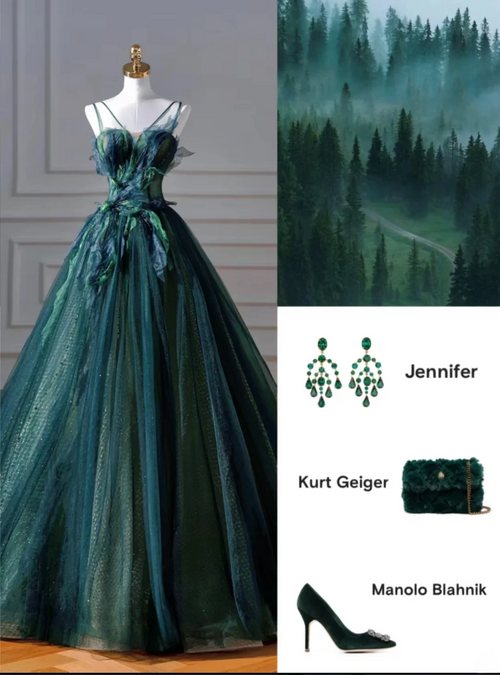 Elegant Ball Gown Spaghetti Strap Dark Green Tulle Long Formal Prom Evening Dresses Dinner Outfits Party Gowns AQQ116