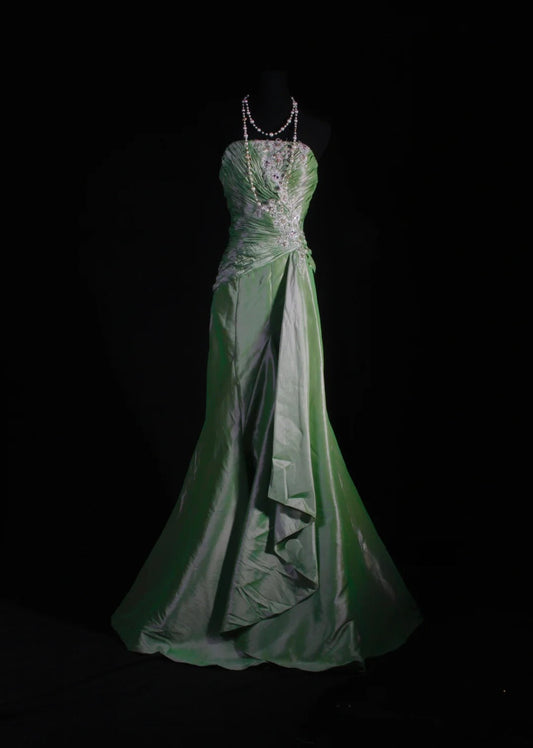 Vintage 50s 1950s Formal Mermaid Strapless Green Taffeta Pleated With Lace Appliques Sleeveless Long Prom Dresses Party Formal Gowns AS127