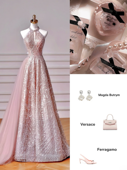 Glamour Ball Gown High Neck Pink Sequins Long Prom Dresses Party Dress 20th Birthday Outfits Prom Gowns AQ128