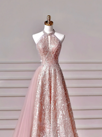 Glamour Ball Gown High Neck Pink Sequins Long Prom Dresses Party Dress 20th Birthday Outfits Prom Gowns AQ128