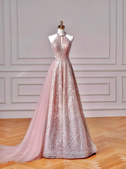 Glamour Ball Gown High Neck Pink Sequins Long Prom Dresses Party Dress 20th Birthday Outfits Prom Gowns AQ128