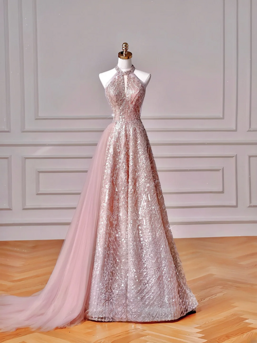 Glamour Ball Gown High Neck Pink Sequins Long Prom Dresses Party Dress 20th Birthday Outfits Prom Gowns AQ128