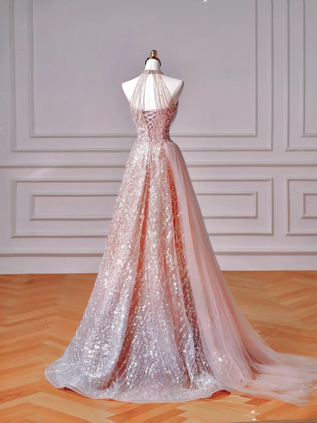 Glamour Ball Gown High Neck Pink Sequins Long Prom Dresses Party Dress 20th Birthday Outfits Prom Gowns AQ128
