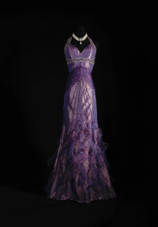 Vintage 50s 1950s Formal Mermaid Halter Purple Tiered Taffeta Pleated With Beads Sleeveless Long Prom Dresses Party Formal Gowns AS129