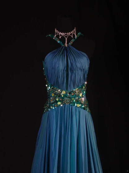 Retro Vintage 1960s Formal A line Halter Blue Fashion With Beads Long Prom Dresses Party Formal Gowns AS133