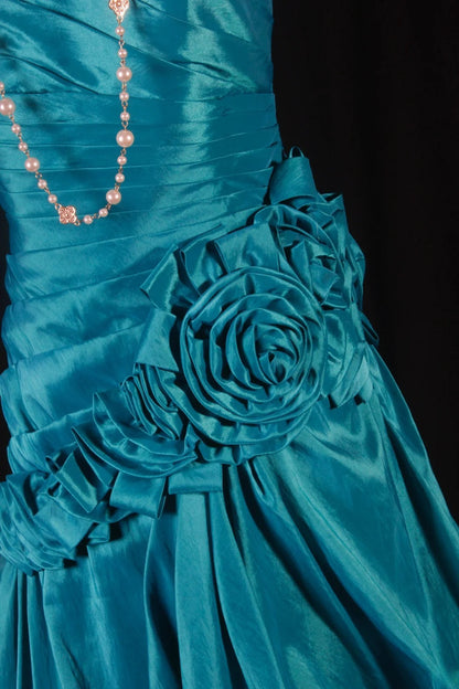 Vintage Ball Gowns Women's Cocktail Party Gowns Strapless With Ruched Flowers Blue Long Graduation Dinner Outfits Prom Dresses AS134