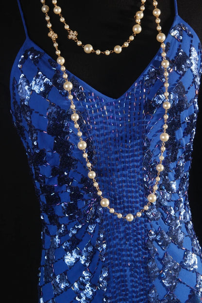 Retro 50s 1950s Formal Sheath Spaghetti Strap Royal Blue With Gem Beads Sleeveless Mid Length Prom Dresses Party Formal Gowns AS139