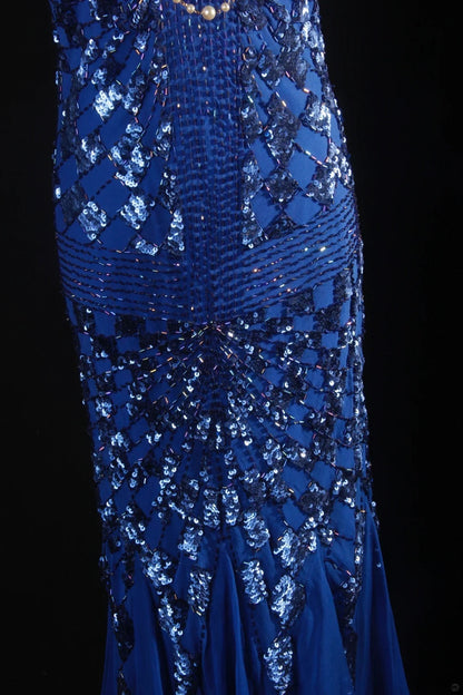 Retro 50s 1950s Formal Sheath Spaghetti Strap Royal Blue With Gem Beads Sleeveless Mid Length Prom Dresses Party Formal Gowns AS139