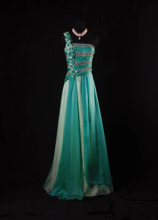 Retro 70s 1960s Formal A Line Multi Colors Green Blue With Gem Beads One Shoulder Sleeveless Long Prom Dresses Party Formal Gowns AS147