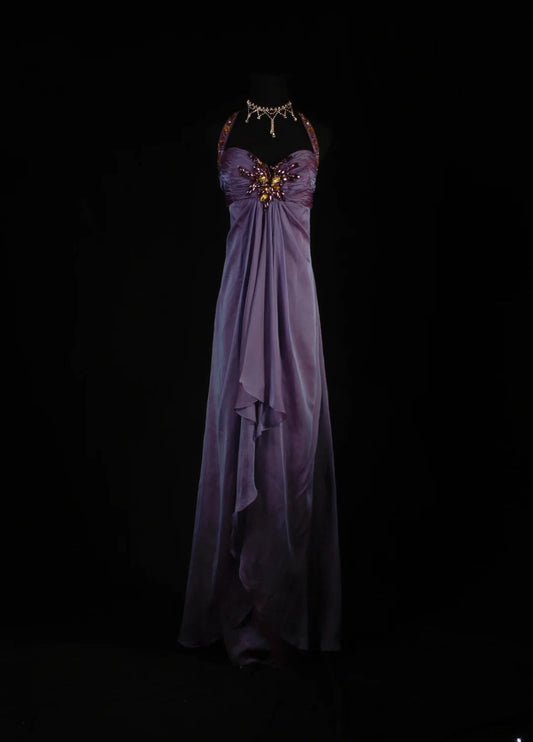 Retro 70s 1960s Formal A Line Halter Purple With Gem Beads Cape Sleeveless Long Prom Dresses Party Formal Gowns AS152