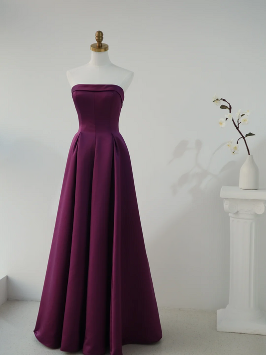 Simple A Line Strapless Grape Satin Long Formal Prom Dresses Dance Night Outfits Evening Birthday Outfit AS155