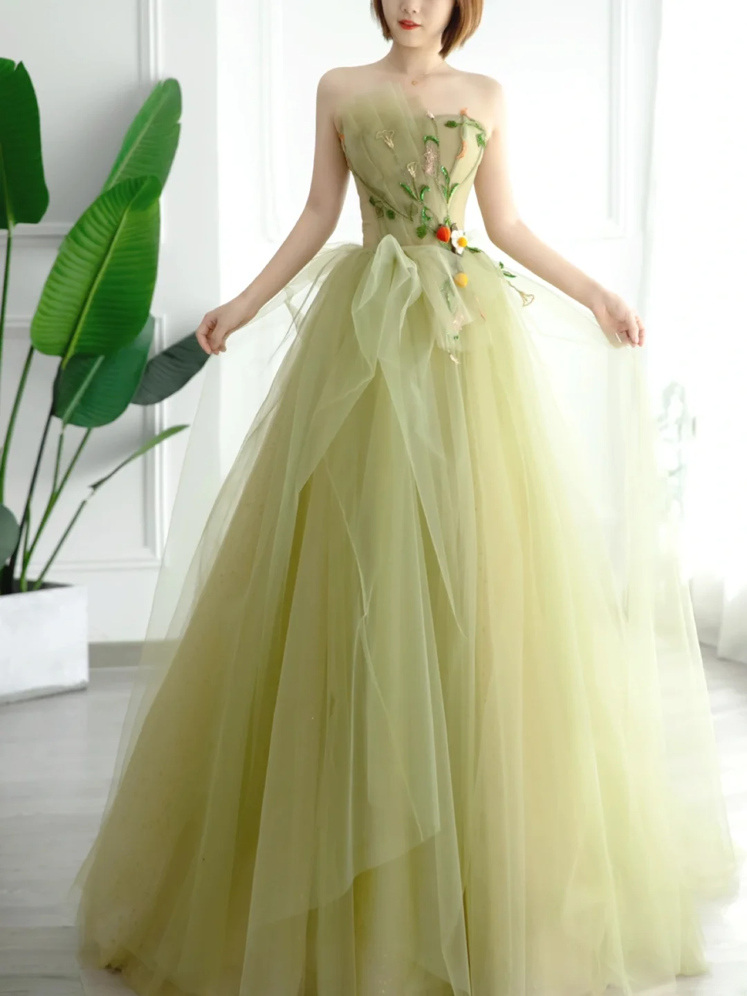 Simple Ball Gown Strapless Sage Green Tulle Long Formal Prom Dresses Dance Night Outfits Evening Birthday Outfit AS171