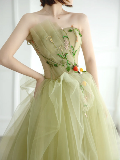 Simple Ball Gown Strapless Sage Green Tulle Long Formal Prom Dresses Dance Night Outfits Evening Birthday Outfit AS171