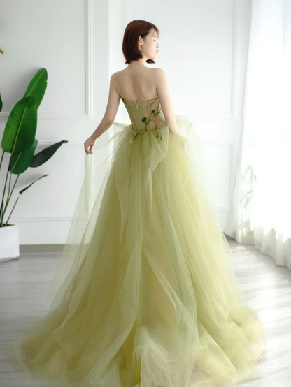 Simple Ball Gown Strapless Sage Green Tulle Long Formal Prom Dresses Dance Night Outfits Evening Birthday Outfit AS171