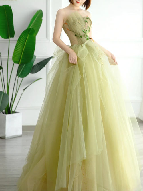 Simple Ball Gown Strapless Sage Green Tulle Long Formal Prom Dresses Dance Night Outfits Evening Birthday Outfit AS171