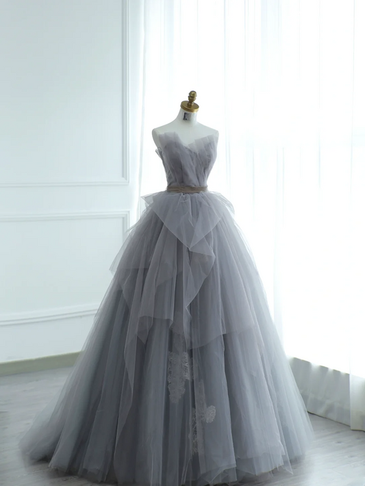 Chic Ball Gown Strapless Silver Gray Tulle Long Formal Prom Dresses Dance Night Outfits Evening 18th Birthday Outfit AS172