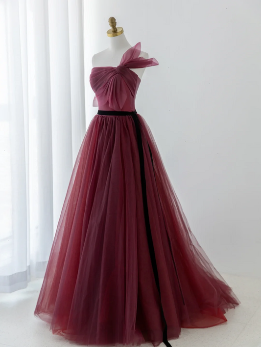 Elegant Ball Gown Strapless Burgundy Tulle Long Formal Prom Dresses Dance Night Outfits Evening 18th Birthday Outfit AS177