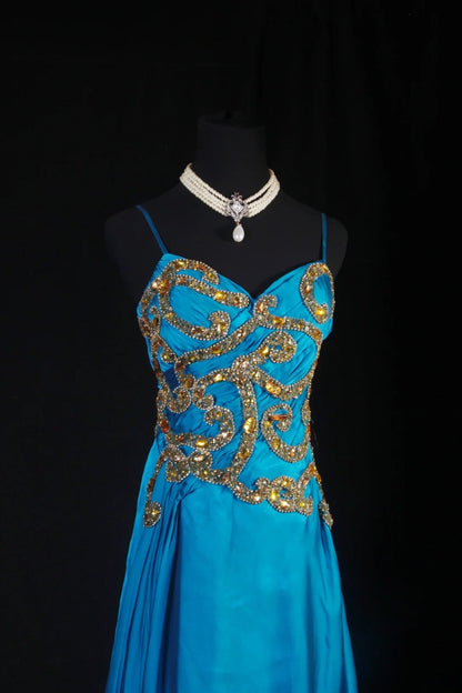 Chic A line Spaghetti Straps Chiffon Blue With Gold Beads Sequins Long Formal Fancy Prom Dresses Dinner Outfits Party Gowns For Teens AB2185