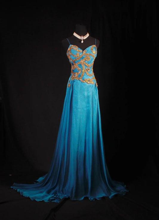 Chic A line Spaghetti Straps Chiffon Blue With Gold Beads Sequins Long Formal Fancy Prom Dresses Dinner Outfits Party Gowns For Teens AB2185