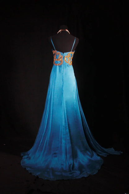 Chic A line Spaghetti Straps Chiffon Blue With Gold Beads Sequins Long Formal Fancy Prom Dresses Dinner Outfits Party Gowns For Teens AB2185