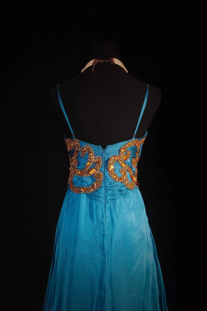 Chic A line Spaghetti Straps Chiffon Blue With Gold Beads Sequins Long Formal Fancy Prom Dresses Dinner Outfits Party Gowns For Teens AB2185
