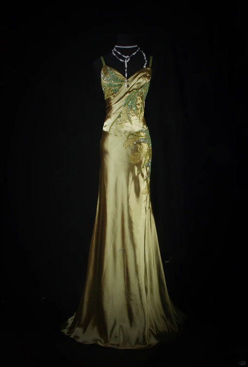 Chic Mermaid Spaghetti Straps Green Satin With Beads Sequins Long Formal Fancy Prom Dresses Dinner Night Outfits Party Gowns For Teens AB2186