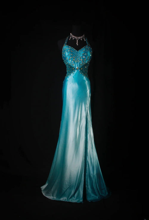 Vintage Mermaid Halter Blue Satin With Beads Long Formal Fancy Prom Dresses Night Outfits Party Gowns For Teens AS189