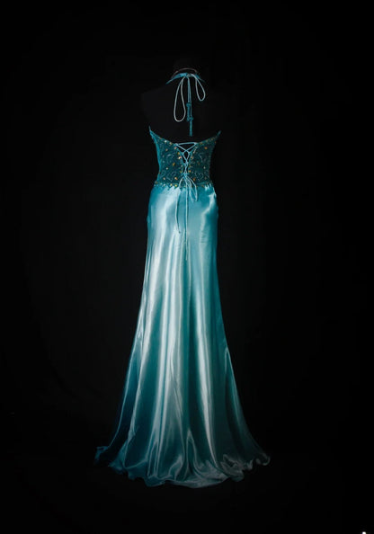 Vintage Mermaid Halter Blue Satin With Beads Long Formal Fancy Prom Dresses Night Outfits Party Gowns For Teens AS189