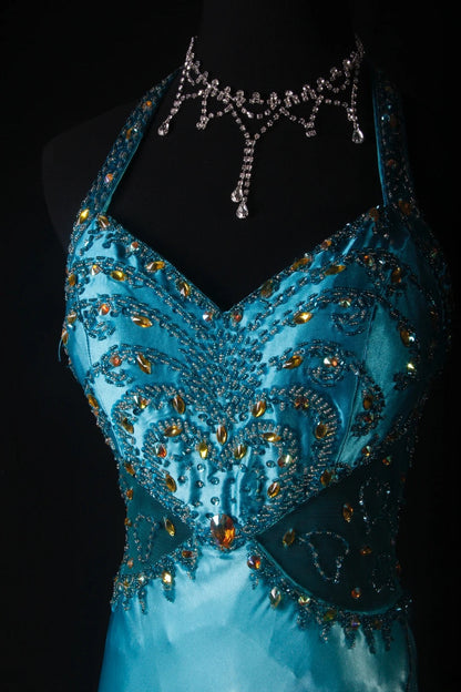 Vintage Mermaid Halter Blue Satin With Beads Long Formal Fancy Prom Dresses Night Outfits Party Gowns For Teens AS189