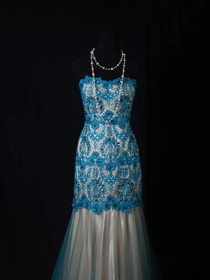 Vintage Style Mermaid Sweetheart 1950s Lace Blue Tulle With Beads Long Formal Fancy Prom Dresses Night Outfits Party Gowns AS201