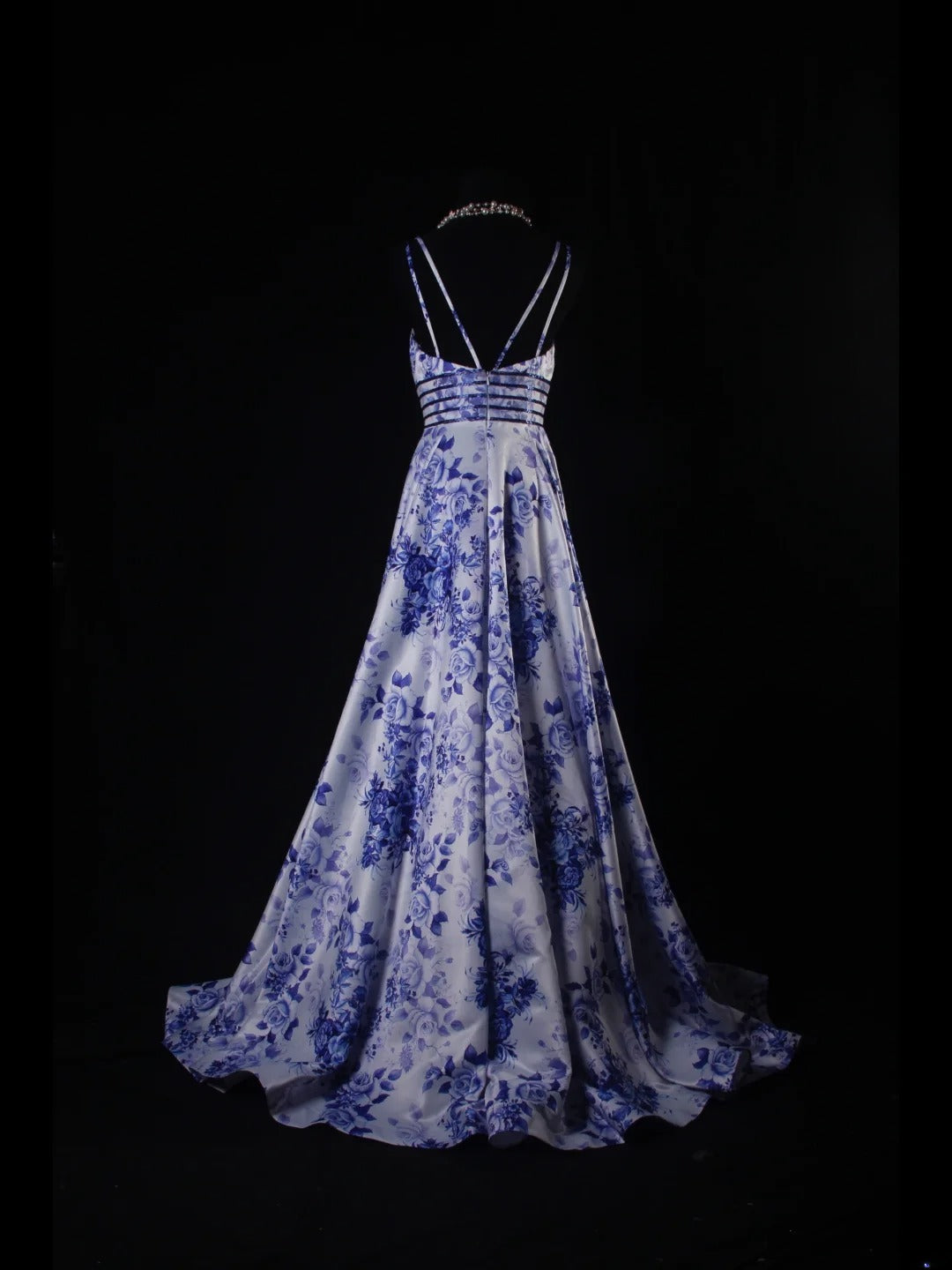 Vintage A line Spaghetti Straps Floral Royal Blue Satin Long Formal Old 1950s Prom Dresses Night Outfits Party Gowns AS222