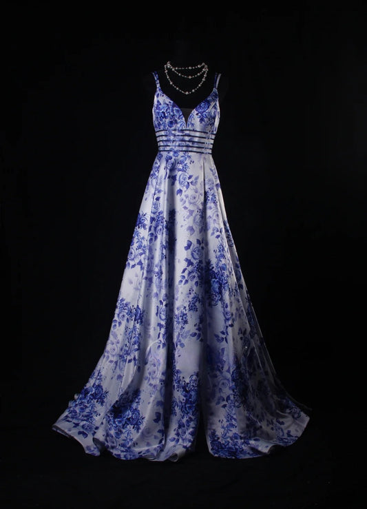 Vintage A line Spaghetti Straps Floral Royal Blue Satin Long Formal Old 1950s Prom Dresses Night Outfits Party Gowns AS222