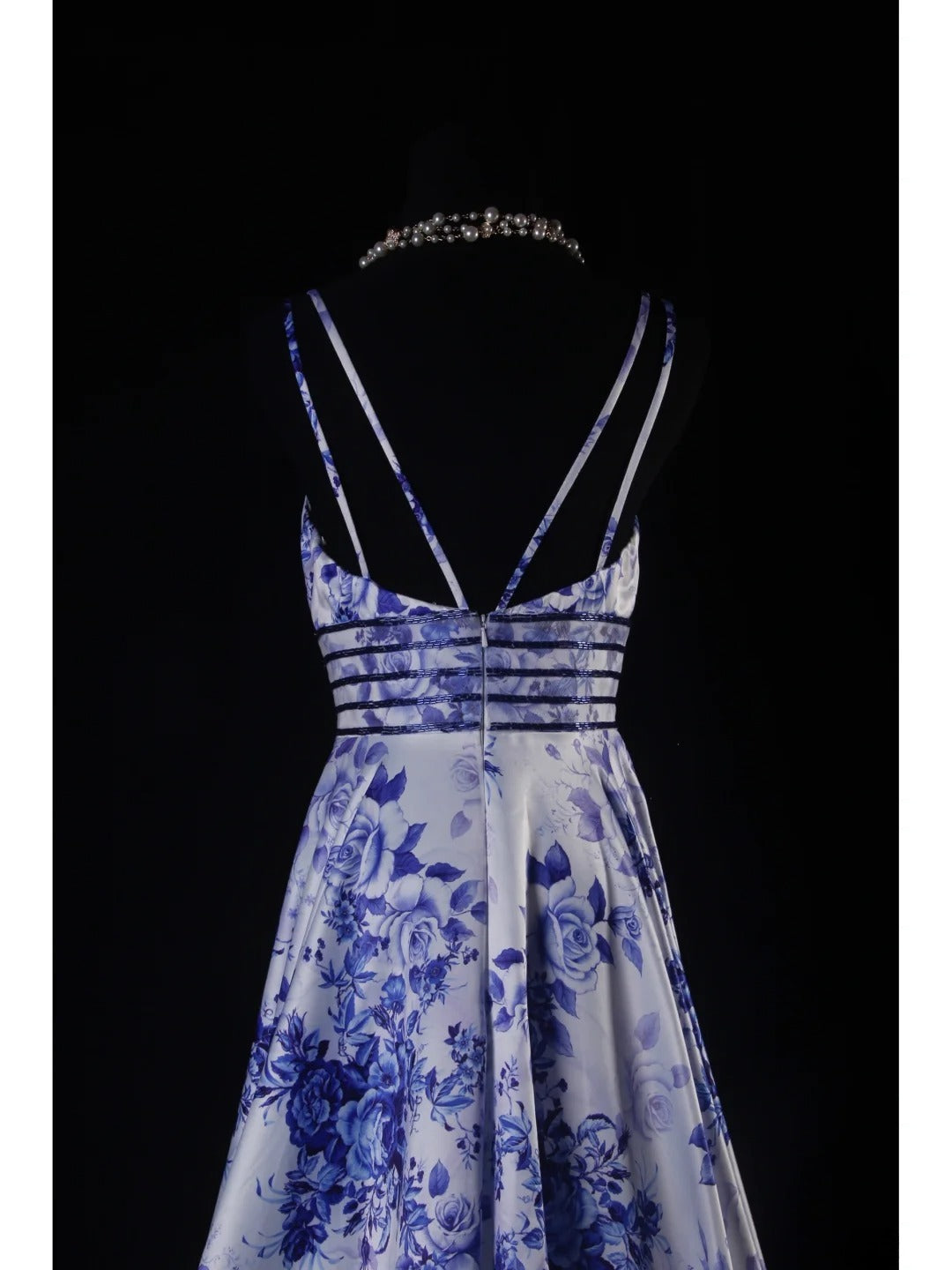 Vintage A line Spaghetti Straps Floral Royal Blue Satin Long Formal Old 1950s Prom Dresses Night Outfits Party Gowns AS222