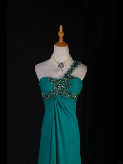 Vintage A line One Shoulder Blue Chiffon Long Formal Old 1950s Prom Dresses Night Outfits Party Gowns AS227