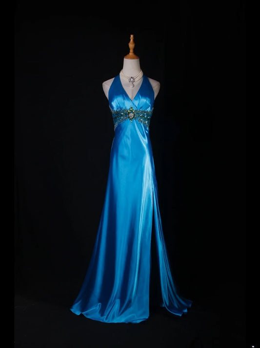 Vintage A line Halter Blue Satin Long Formal Old 1950s Prom Dresses Night Outfits Party Gowns AS230