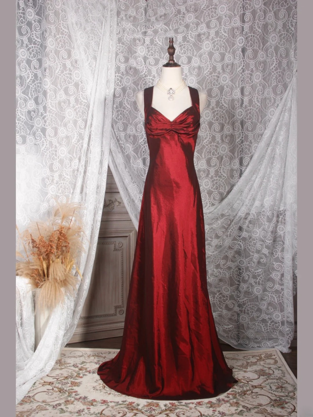 Vintage A line Sweetheart Burgundy Satin Long Formal Old 1950s Prom Dresses Night Outfits Party Gowns AS245